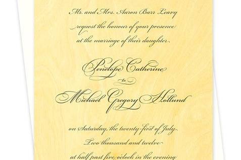 Elegant Script Wood Wedding Invitation in Charcoal. (Other suite items and colors available. Can also be printed on paper.)