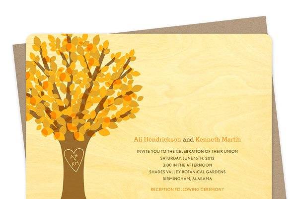 Leafy Tree Wood Wedding Invitation in Fall. (Other suite items and colors available. Can also be printed on paper.)