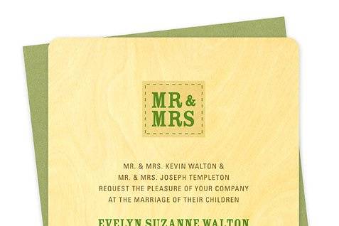 Mr & Mrs Wood Wedding Invitation in Grass.  (Other suite items and colors available. Can also be printed on paper.)