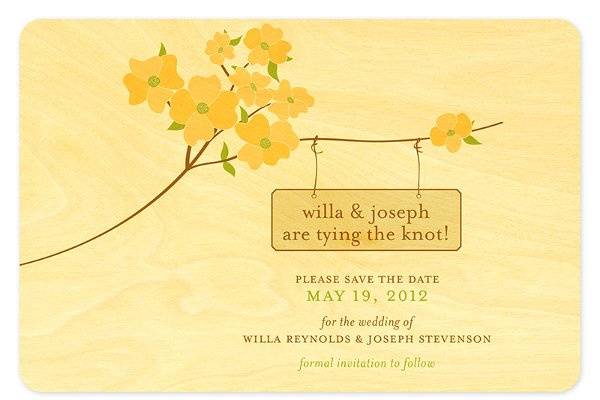 Flowering Dogwood Save the Date, made from eco-friendly, sustainably-harvested birch wood. (Shown in sunny.) Other color themes and suite items are available.
