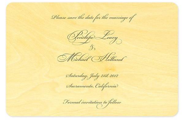 Elegant Script Save the Date, made from eco-friendly, sustainably-harvested birch wood. (Shown in raven.) Other color themes and suite items are available.