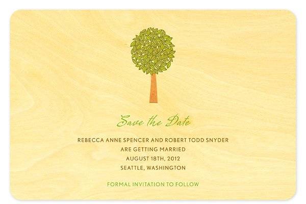 Elm Tree Save the Date, made from eco-friendly, sustainably-harvested birch wood. (Shown in Spring.) Fall color theme and additional suite items are also available.