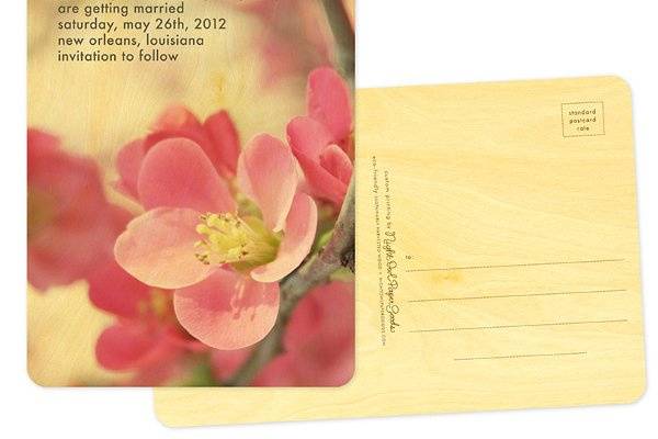 Flowering Quince Save the Date, made from eco-friendly, sustainably-harvested birch wood. Other suite items are available.