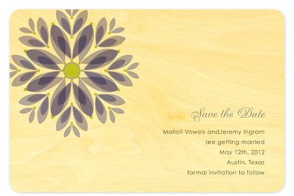 Gem Daisy Save the Date, made from eco-friendly, sustainably-harvested birch wood. (Shown in lavender.) Other color themes and suite items are available.
