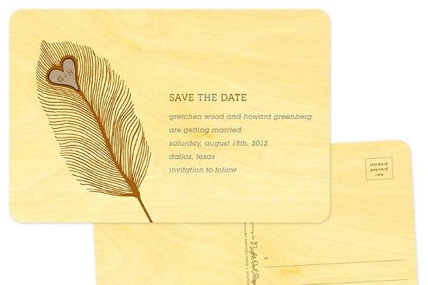 Heart Feather Save the Date, made from eco-friendly, sustainably-harvested birch wood. (Shown in periwinkle.) Other color themes and suite items are available.