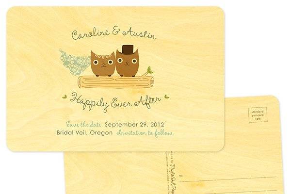 Mr & Mrs Hoot Save the Date, made from eco-friendly, sustainably-harvested birch wood. (Shown in french blue.) Other color themes and suite items are available.