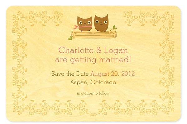 Owl Vows Save the Date, made from eco-friendly, sustainably-harvested birch wood. (Shown in blossom.) Other color themes and suite items are available.