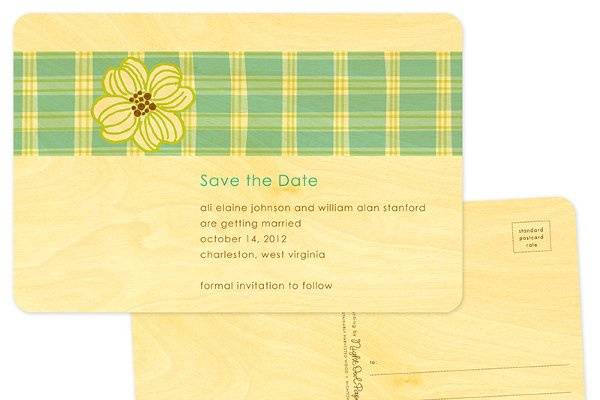 Plaid Dogwood Save the Date, made from eco-friendly, sustainably-harvested birch wood. Other suite items are also available.