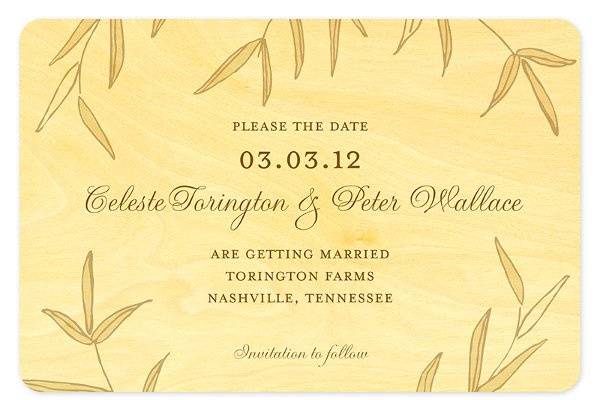 Wispy Bamboo Save the Date, made from eco-friendly, sustainably-harvested birch wood. (Shown in khaki.) Other color themes and suite items are available.