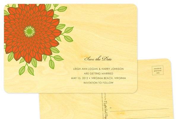 Zinnia Save the Date, made from eco-friendly, sustainably-harvested birch wood. (Shown in persimmon.) Other color themes and suite items are available.