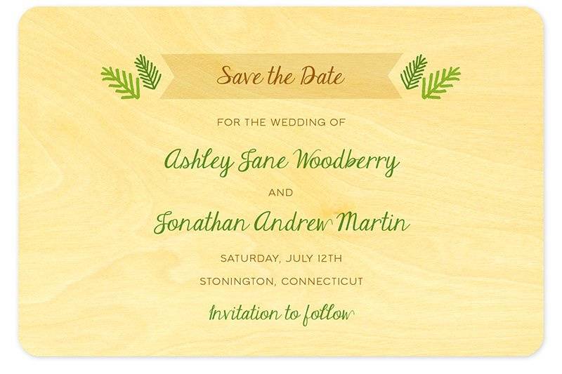 Woodlawn Save the Date, made from eco-friendly, sustainably-harvested birch wood. Other suite items are available.