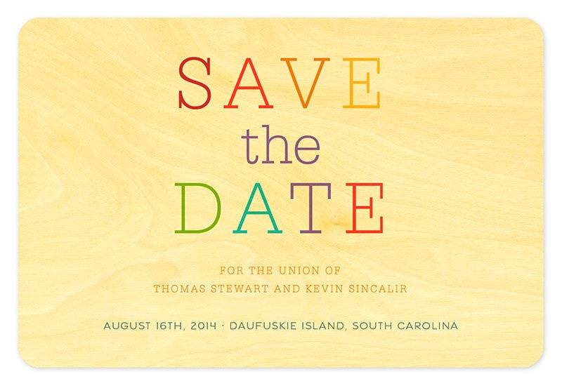 Pride Save the Date, made from eco-friendly, sustainably-harvested birch wood. Other suite items are available.