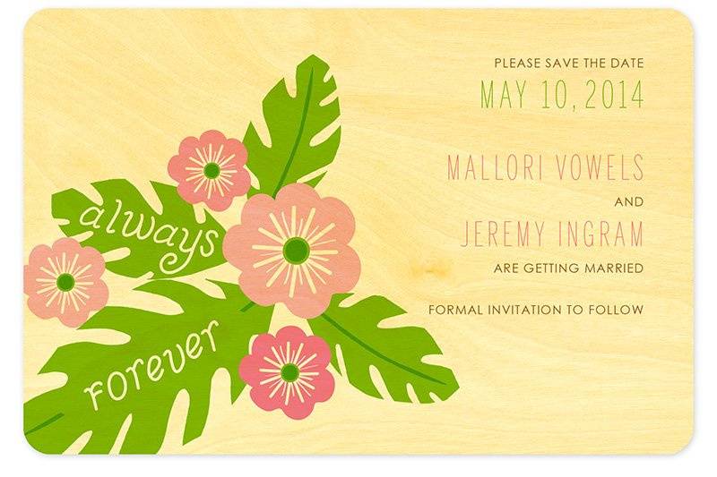 Hibiscus Save the Date, made from eco-friendly, sustainably-harvested birch wood. (Shown in blossom.) Other color themes and suite items are available.