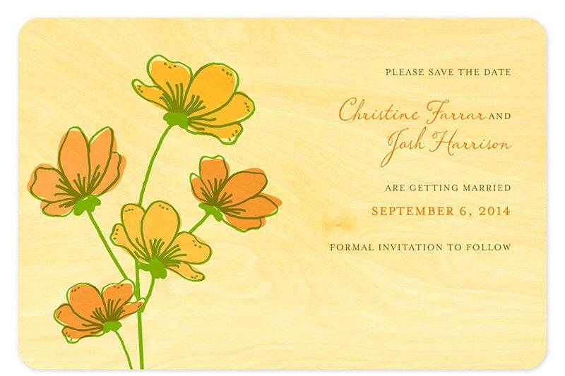 Cosmos Save the Date, made from eco-friendly, sustainably-harvested birch wood. (Shown in apricot.) Other color themes and suite items are available.