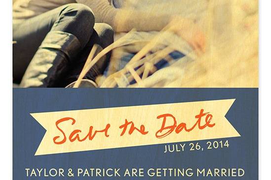Wood Banner Save the Date, made from eco-friendly, sustainably-harvested birch wood. (Shown in ultramarine.) Other color themes and suite items are available.