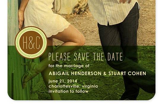 Stitched Monogram Save the Date, made from eco-friendly, sustainably-harvested birch wood. (Shown in grass.) Other color themes and suite items are available.