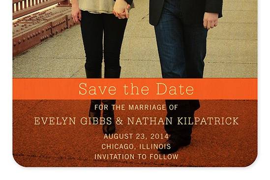 Colorful Overprint Wood Save the Date, made from eco-friendly, sustainably-harvested birch wood. (Shown in persimmon.) Other color themes and suite items are available.