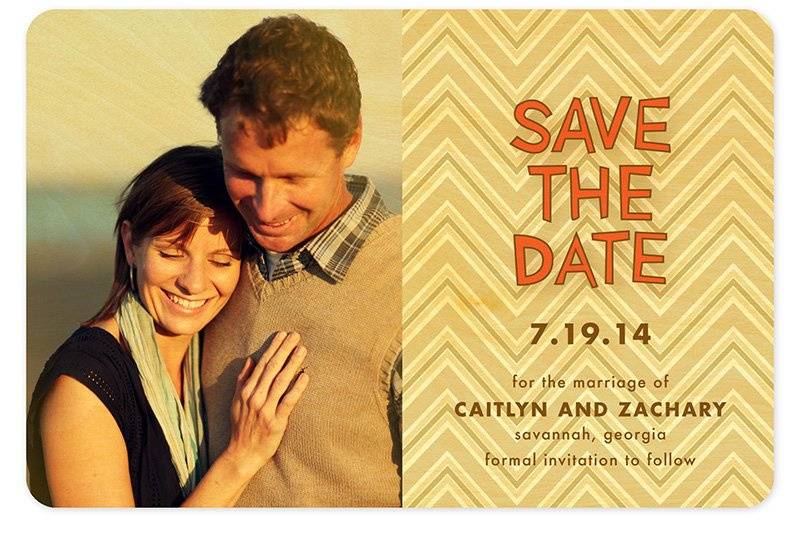 Khaki Chevron Save the Date, made from eco-friendly, sustainably-harvested birch wood. Other suite items are available.