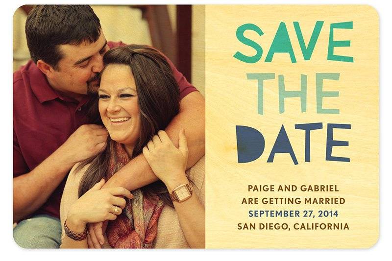 Paper Cut Letters Save the Date, made from eco-friendly, sustainably-harvested birch wood. (Shown in aqua.) Other color themes and suite items are available.