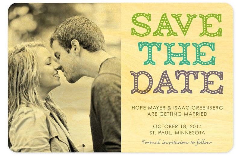 Big Top Save the Date, made from eco-friendly, sustainably-harvested birch wood. (Shown in aqua.) Other color themes and suite items are available.