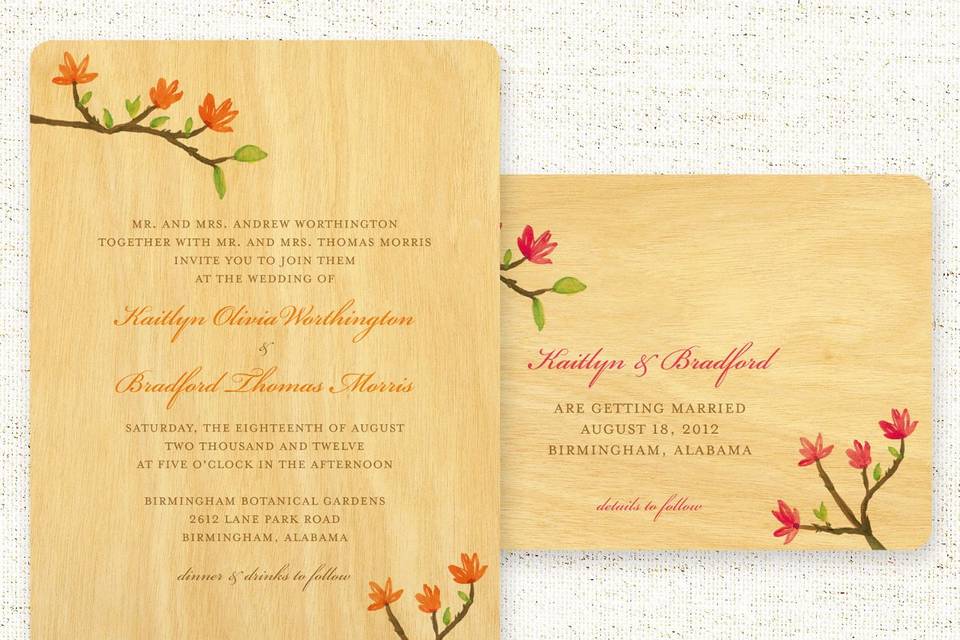 Blooming Branch Wood Wedding Invitation & Save the Date shown in various colorways. (Alternate colorways and printing on luxury paper also available.)
Inspired by nature, Night Owl Paper Goods' wood wedding suites are designed to celebrate your unique style. Unlike traditional paper cards, no two wood cards are exactly alike. Variations within the wood grain make your special announcement truly one-of-a-kind!
