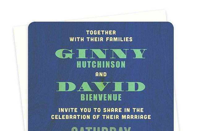 Harper Wood Wedding Invitation in Ultramarine. (Other suite items and colors available. Can also be printed on paper.)