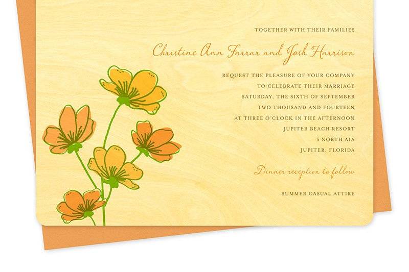 Cosmos Wood Wedding Invitation in Apricot. (Other suite items and colors available. Can also be printed on paper.)