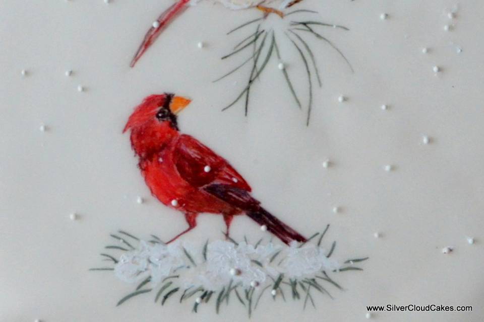 Handpainted robins are dusted with sugar snow flakes.