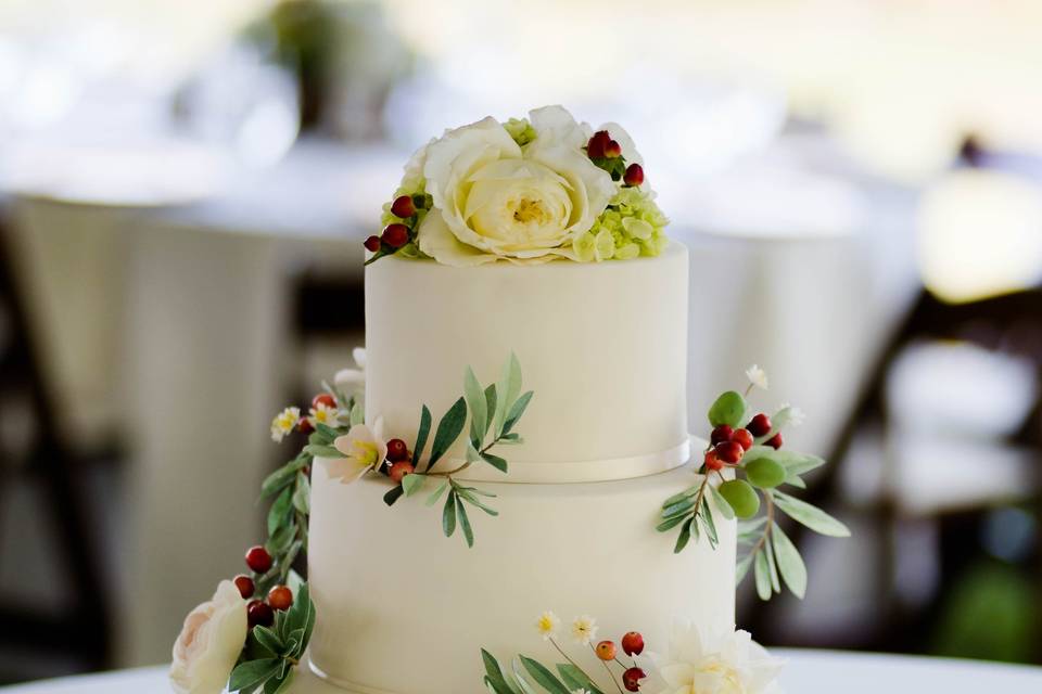 Edible Wafer Paper Olive Leaves and hand sculpted Roses mix with real Roses and Leaves.