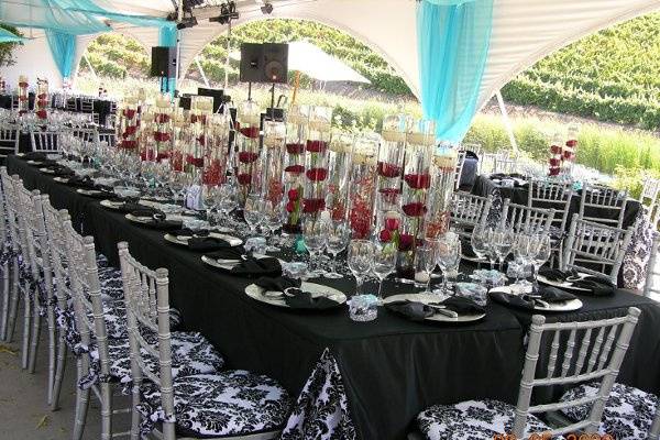 Custom linen with our chiavarri chairs, custom linen. Tiffany blue organza draping and a splash of red in the flowers made this event breath taking.