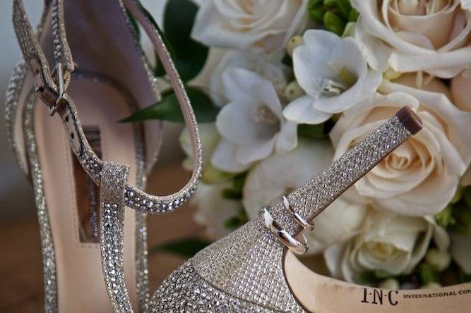 Wedding shoes and flowers.