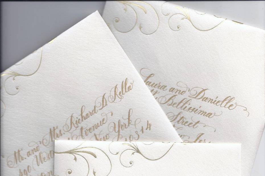 Gold lettering works very well on this envelope. Style of hand lettering is simple but definitely makes a statement.