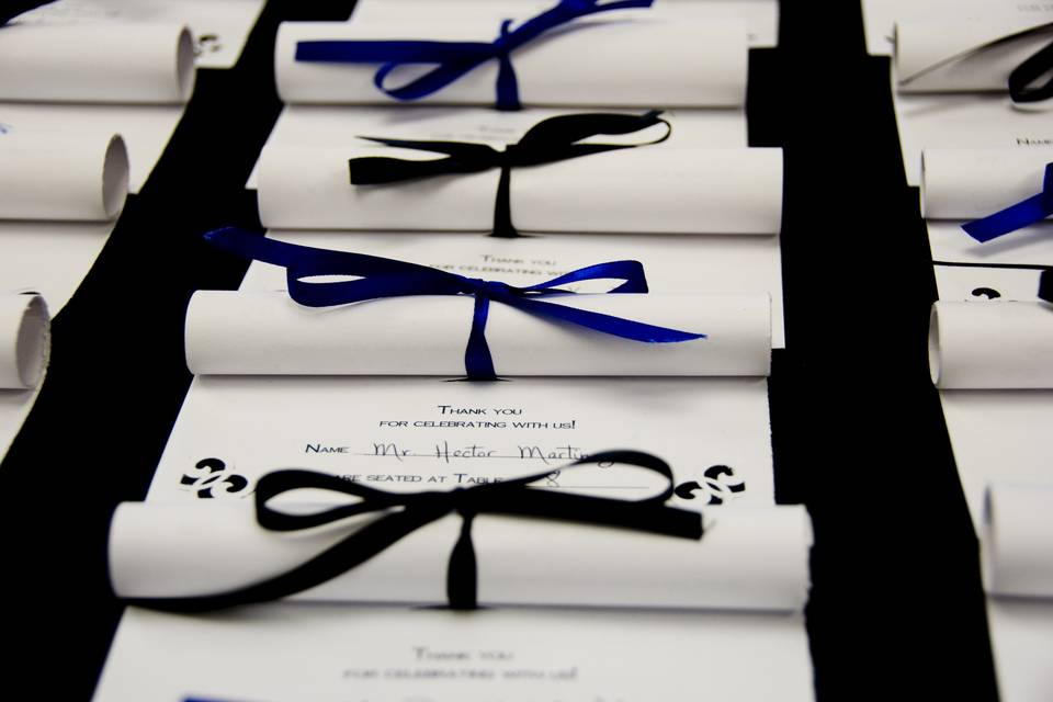 Seating assignment scrolls/placecards.  Thank you sentiment at top.