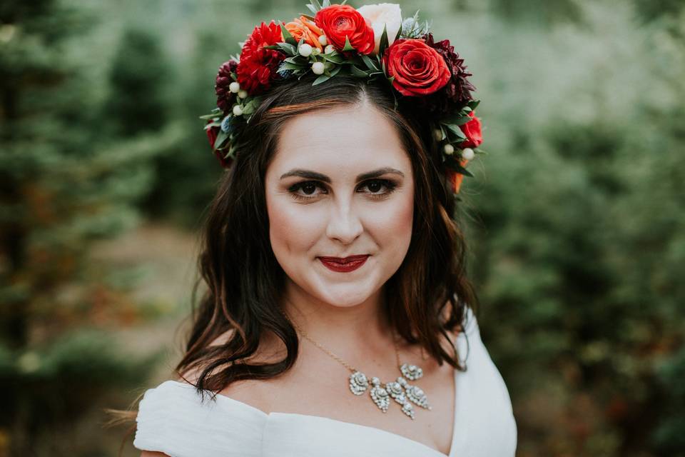 Glamorous, bold flower crown featuring wedding colors in the fall palette. Photo courtesy of Hazelwood Photo