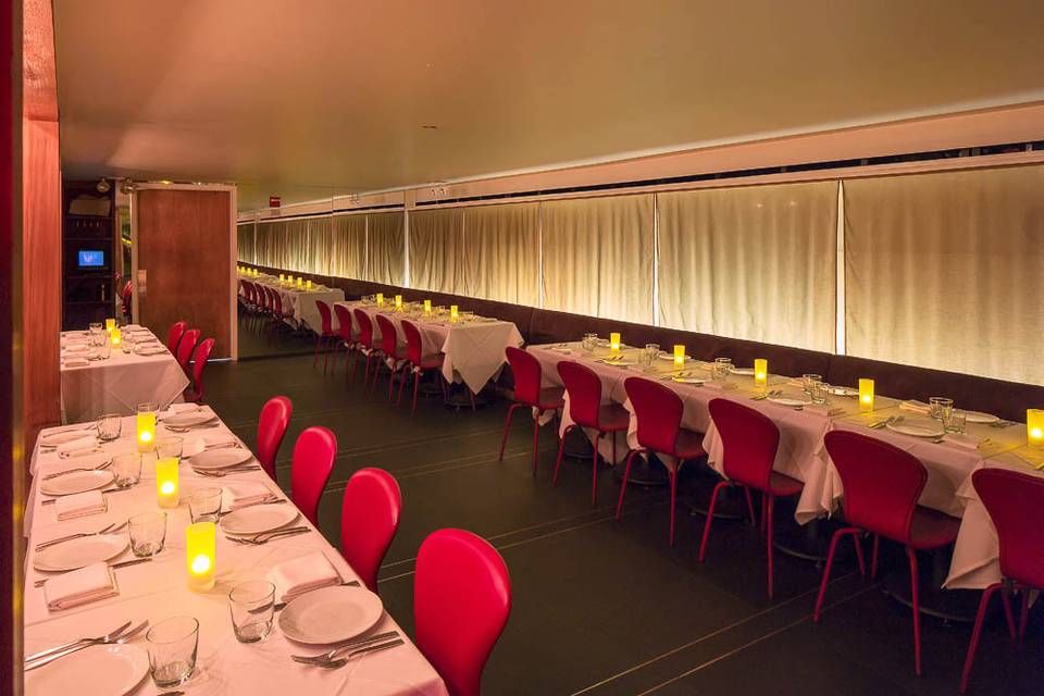 Our semi private Mirrored Room can comfortably seat up to 38 guests for dinner and up to 45 for cocktails.