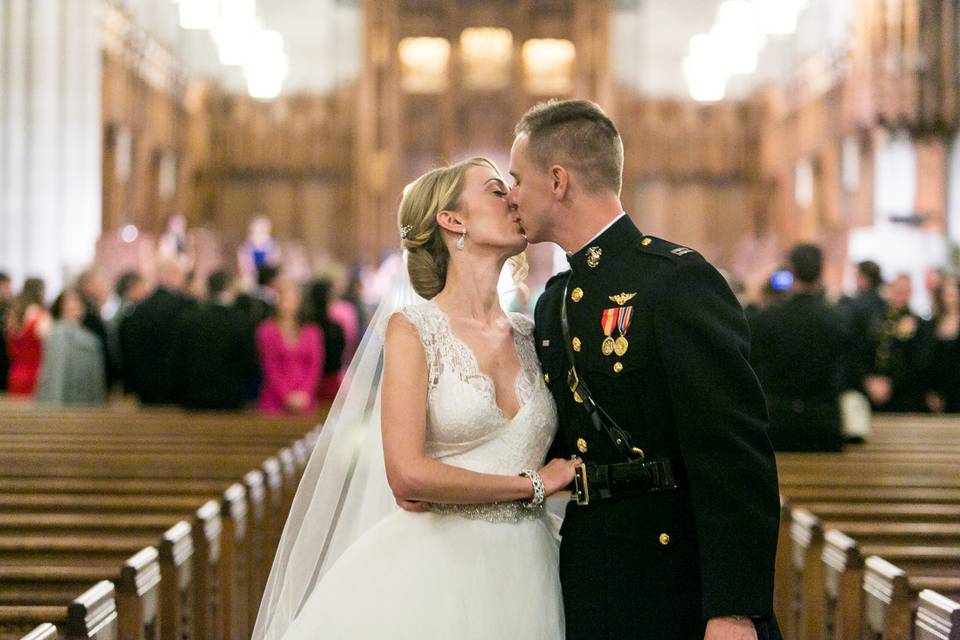 Newlyweds kissing