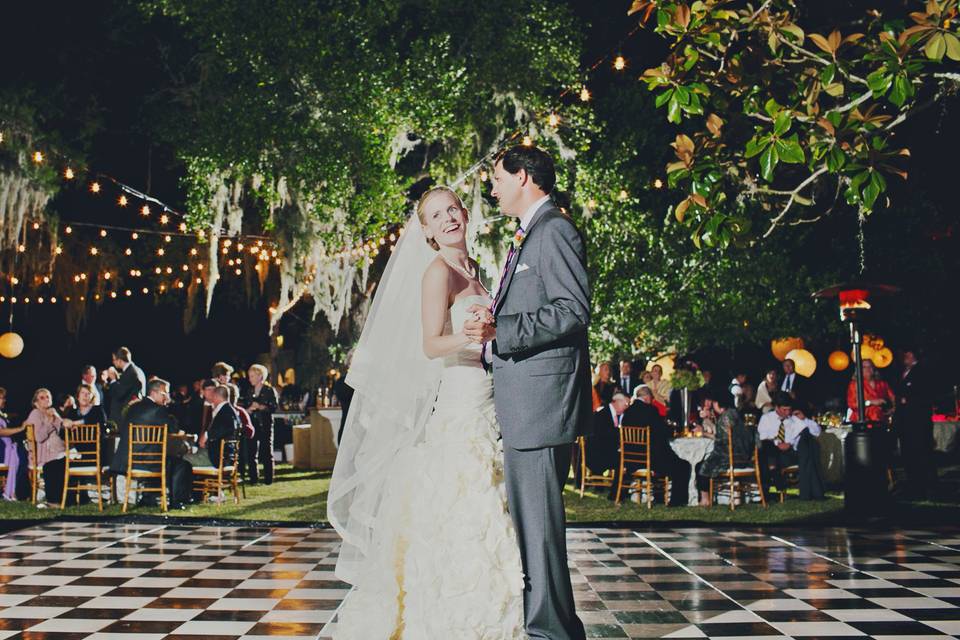 Wedding reception under the oaks on the lawn above the garden (at crane cottage)