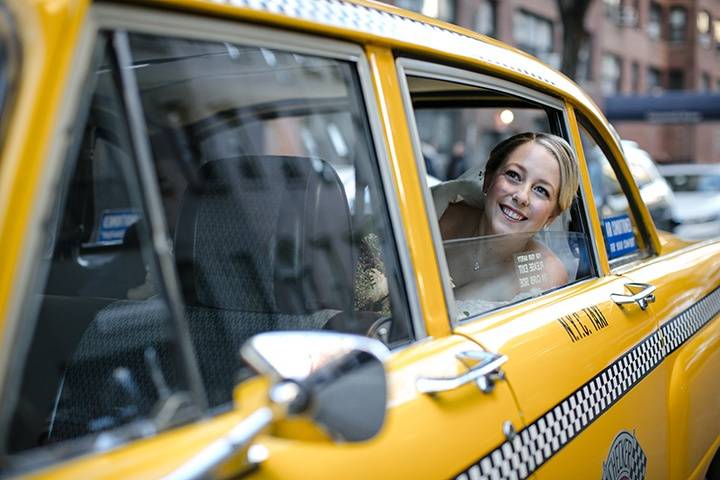 Bride in taxi cab