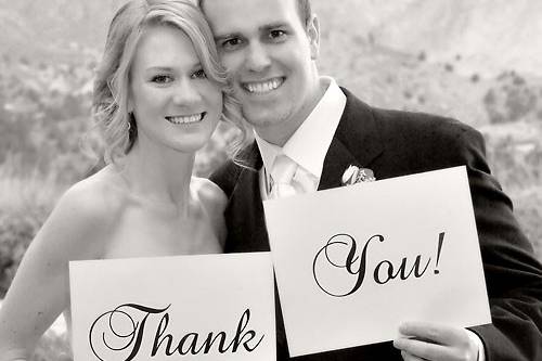 Thank you black and white photo of the bride and groom