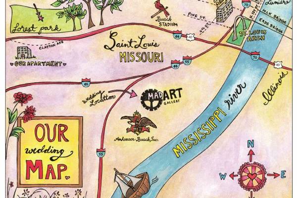 A hand drawn map of your wedding location, then hand water-colored & printed.