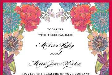 Hand Drawn Flowers. Then Watercolor is added, followed by printing. THis Invitation announcement was accented with Red Shimmer Cardstock Paper.