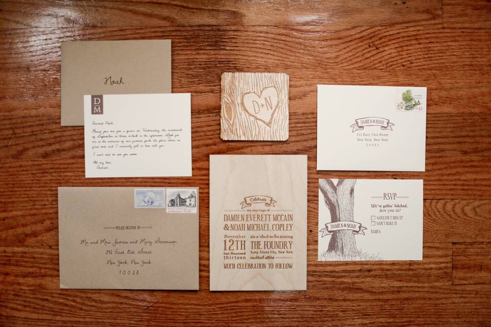 Wood engraved invitation