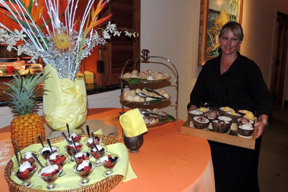 Dessert Station with Ice Cream served in edible coconut shells, Berries Gone Wild, Coconut Macaroons