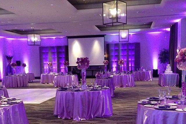 Purple reception decor and lighting