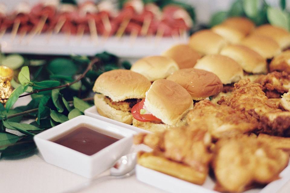 Crab cake sliders, buttermilk fried chicken, and waffle bites with Vermont maple syrup, skewers | photo by Chelsey Boatwright Photography