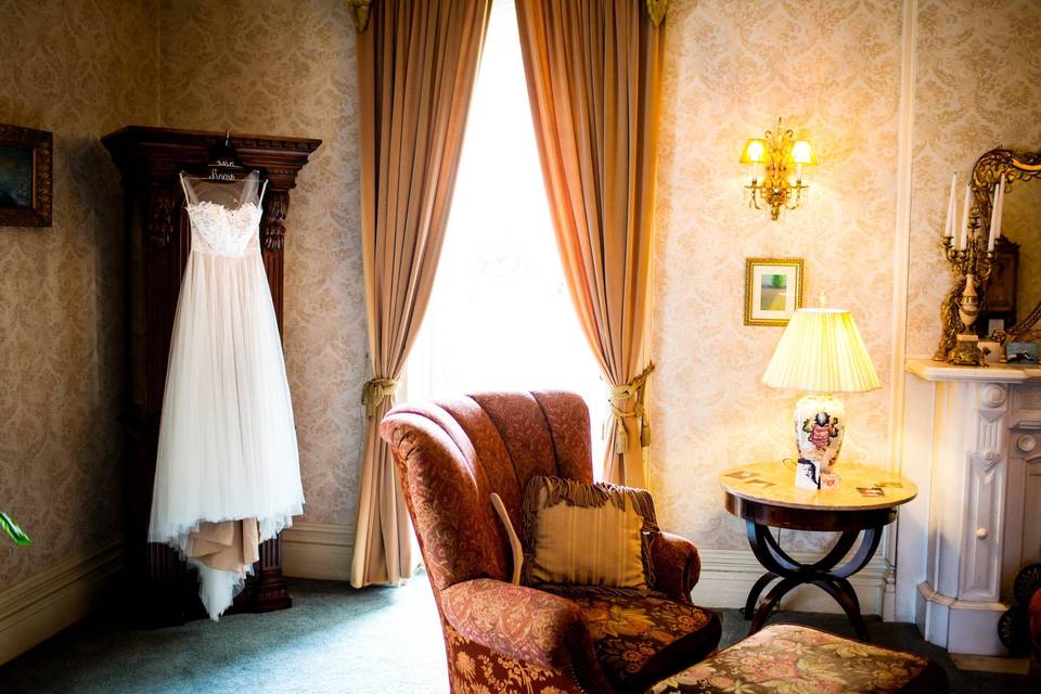 Bride's dress at The Batcheller Mansion in Saratoga Springs NY