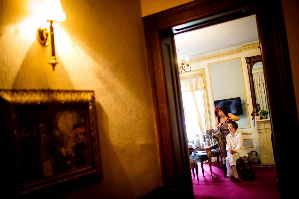 Bride getting ready at The Batcheller Mansion in Saratoga Springs, NY