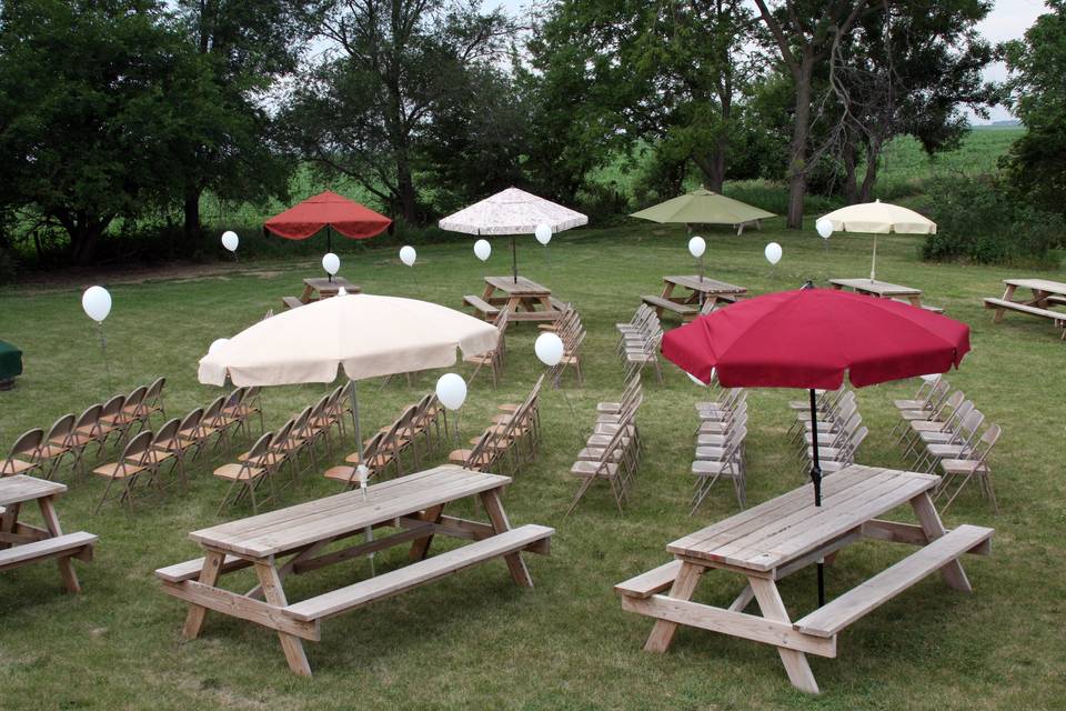 Picnic tables with umbrellas