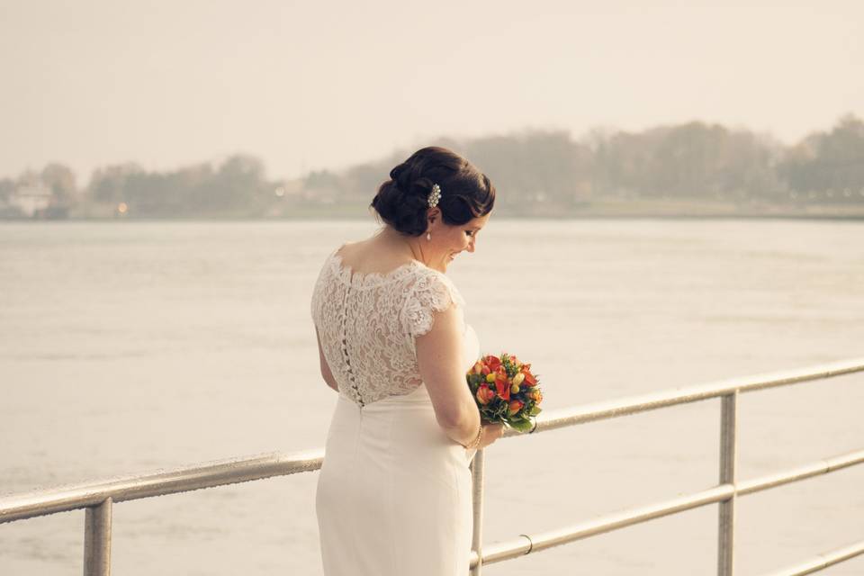 Bride at the Blue Water Bridge Boardwalk, Port huron MI