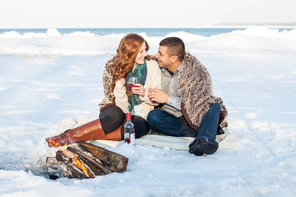 Winter Engagement Session at Light House Beach in Fort Gratiot, MI. A bonfire and some wine…SO perfect